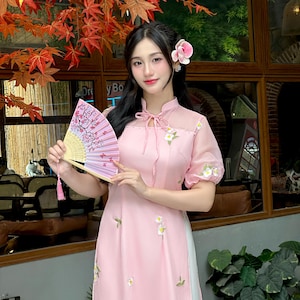 Pink Double Layers Chiffon Modernized Ao Dai - No Pants | Vietnamese Ao Dai | Ao Dai For Women | Bridesmaid Ao Dai | Wedding Vietnamese