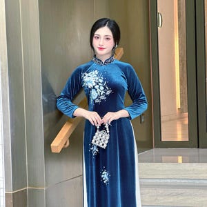 Deep Blue Sparkle Floral Ao Dai | Velvet Traditional Long Dress for Women – Ao Dai for Wedding, Tet, and Celebrations | No Pants