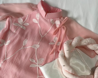 Pink Set Ao Dai For Baby Girls | Pre-made Vietnamese Ao Dai Long Dress For Kids | Ao Dai Viet Nam | Headband Ao Dai | Mấn Ao Dai be Gai