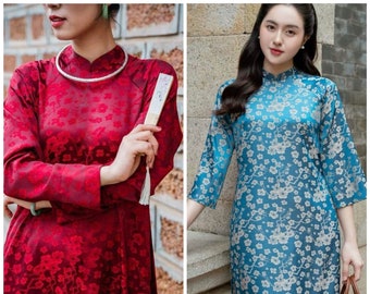 Red-Blue Modernized Ao Dai- Only Ao Dai Top | Vietnamese Modernized Ao Dai | Woman Ao Dai Dress| Ao Dai Vietnamese | Ao Dai Cach Tan