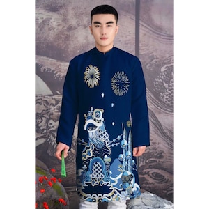 Blue Unicorn Printed Ao Dai Men | Vietnamese Long Dress Ao Dai Men | Vietnamese Men Dress  | Ao Dai Nam | Ao Dai Re Phu | Ao Dai For Tet