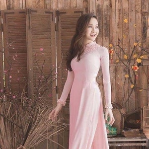 Blush Pink Silk Ao Dai With Pearls | Vietnamese Traditional Ao Dai Women | Ao Dai For Girls | Sparkling Crystal Ao Dai| Ao Dai Women Wedding