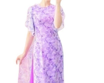 Áo Dài Tay Bèo Voan | Pre-made Vietnamese Traditional Ao Dai | Woman Ao Dai | Purple Ao Dai With Pants | Ao Dai Chiffon | Ready to ship