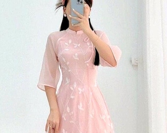 Pink & Green Modernized Ao Dai with Floral Embroidery | Vietnamese Modernized Ao Dai | Ao Dai For Women | Bridesmaid Ao Dai | Ao Dai Dress