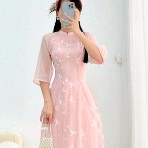 Pink & Green Modernized Ao Dai with Floral Embroidery | Vietnamese Modernized Ao Dai | Ao Dai For Women | Bridesmaid Ao Dai | Ao Dai Wedding
