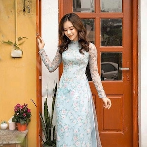 Light Blue Ao Dai: Vietnamese Long Dress with Rose Detail