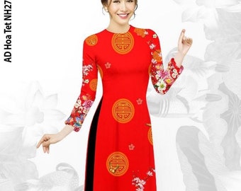 Red Floral Printed Vietnamese Ao Dai- Only Ao Dai Top | Ao Dai Women | Viet Nam Dress | Ao Dai Truyen Thong | Ao Dai For Events