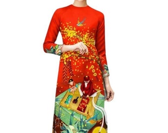 Red Ao Dai Tet Viet | Vietnamese Modernized Ao Dai |Ao Dai For Women | Ao Dai For Girls| Ao Dai Ông Đồ- thư Pháp | No Pants | Lunar New Year