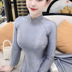 Van Go Silk Gray Ao Dai Dress | Gray Vietnamese Traditional Ao Dai Drees | Ao Dai For Women | Ao Dai No Pants | Plain Ao Dai |Uniform Ao Dai