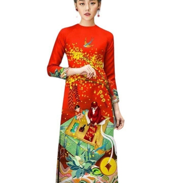 Red Ao Dai Tet Viet | Vietnamese Modernized Ao Dai |Ao Dai For Women | Ao Dai For Girls| Ao Dai Ông Đồ- thư Pháp | No Pants | Lunar New Year