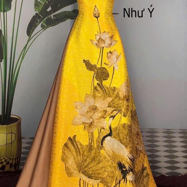 Lotusbrokaat Ao Dai: Vietnamese zijden lange jurk met broek - Áo Dài Truyền Thng - alleen maat 3XL