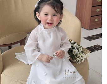 White Chiffon Silk Ao Dai for Daughter - Traditional Vietnamese Dress - Ao Dai Baby Girls - Mini Floral Beaded