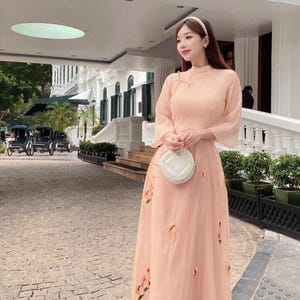 Set Áo Dài Tơ Thêu Cam Đào | Vietnamese Ao Dai | Ao Dai For Bridesmaids | Vietnamese Dress | Modern Ao Dai | Ao Dai Women | Ao Dai For Girls