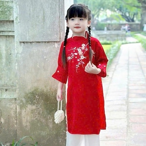 Red Ao Dai for Daughter with Floral Embroidery | Pre-made Traditional Vietnamese Ao Dai | Lunar New Year | Ao Dai for Girls | Ao Dai Bé Gái