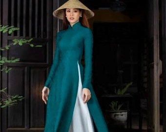 Indigo Gam Ao Dai Dress | Traditional Vietnamese Ao Dai | Ao Dai Women | Ao Dai Girls | Traditional Vietnamese Ao Dai | Ao Dai Gấm Hoa Tết