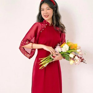Mini Floral Red Vietnamese Modern Ao Dai Set | Ao Dai For Women | Ao Dai For Girls | Vietnamese Dresses | Vietnamese New Year 2025