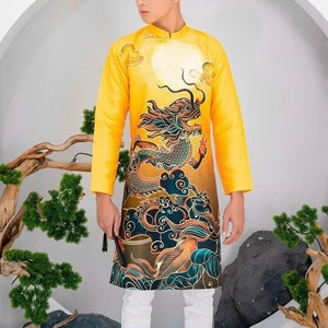 Yellow Men Ao Dai | Modern Ao Dai For Men | Vietnamese Long Dress | Ao Dai For Boy Dad | Lunar New Year | Ao Dai Vietnamese