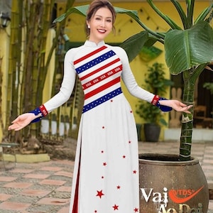 American Flag Ao Dai | Vietnamese Dress | Ao Dai For Women | Ao Dai USA | Ao Dai Printed US Flag | Áo Dài In Lụa | Ao Dai Vietnam