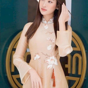 Beige Embroidery Lotus Chiffon Ao Dai - Sheer Sleeves | Pre-made Traditional Vietnamese Ao Dai | Women&#39;s Ao Dai with Pants | Lunar New Year