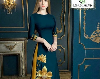 Gold Floral 3D Printed Silk Ao Dai - Vietnamese Traditional Dress