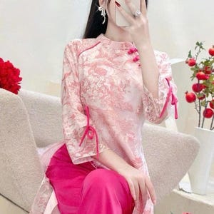 Pink Double Layers Modern Vietnamese Ao Dai Dress | Women Ao Dai Dress | Vietnamese Ao Dai Dress | Ao Dai For Wedding | Ao Dai cach tan