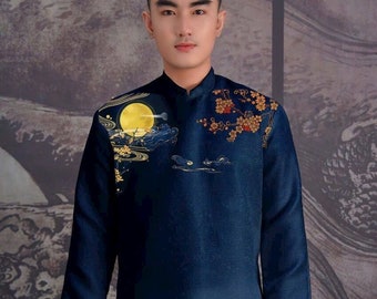 Blau oder Marineblau gedruckt modernisiert Ao Dai für Männer | Herren Kleid | Vietnamesisch Ao Dai Männer | Ao Dai Hochzeit | Ao Dai mit Schulterpolster