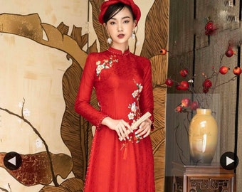 Rote Vietnamesische Braut Ao Dai | Brokat Brautkleid mit Blumenstickerei | Áo Dài mit Hose und Kopfschmuck | Elegantes Braut Áo Dài