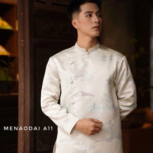 Cream Gấm Vietnamese Men Ao Dai Dress | Modernized Dress Ao Dai Men | Groomsmen Ao Dai | Vietnamese Men Dress | Lunar New Year