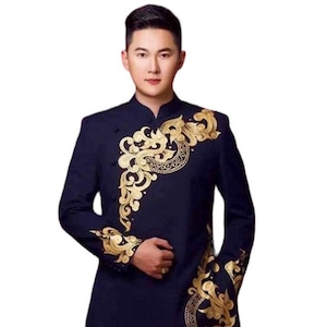 Navy Blue Men Vietnamese Ao Dai- Hand Paint Pattern| Vietnamese Long Dress For Men | Traditional Ao Dai For Men | High-quality ao dai