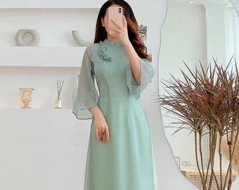 White-Cyan-Pink Ao Dai Set | Modernized Vietnamese Ao Dai | Ao Dai Women | Ao Dai For Girls | Ao Dai Bridesmaids | Ao Dai Dâu Phụ-Viet dress
