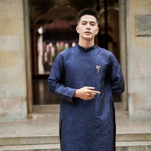 Lily Vietnamese Ao Dai For Men | Modern Vietnamese Long Dress For Men | Men Dress | Ao Dai Nam | Dark Blue Ao Dai Men | Lunar New Year