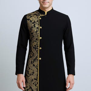 Men's Black Ao Dai with Gold Dragon Brocade | Traditional Vietnamese Wedding Dress - Ao Dai For Men - Vietnamese New Year