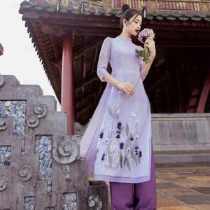 Purple Floral Embroidery Ao Dai Dress: Vietnamese Modern Traditional Style
