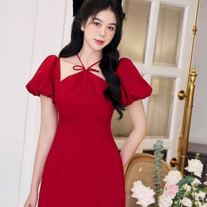 Elegant Halter Red Ao Dai: Vietnamese Taffeta Dress