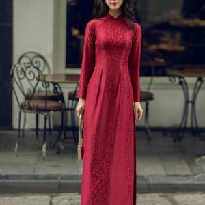 Red Floral Ao Dai Dress - Traditional Vietnamese Gown - Gấm Lụa Áo Dài Việt Nam- No Pants