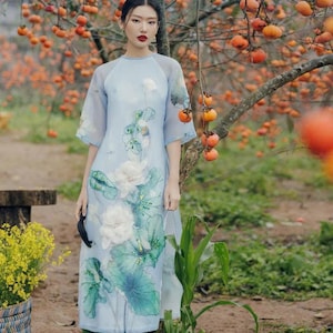 Pastel Blue Sparkle Formal Ao Dai Set | Pre-made Modernized Vietnamese Ao Dai | Women&#39;s Ao Dai with Pants | Lunar New Year | Ao Dai Cach Tan