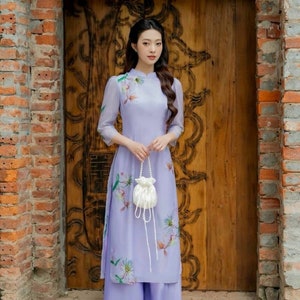 Purple Kim Sa Modern Ao Dai Dress | Vietnamese Modern Ao Dai | Ao Dai For Women | Ao Dai For Girls | Set Ao Dai Cach Tan | Hand-made Ao Dai
