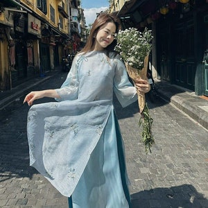 Light Blue Modernized Ao Dai- Only Ao Dai Top | Vietnamese Modernized Ao Dai | Woman Ao Dai Dress | Ao Dai Vietnamese | Ao Dai Cach Tan