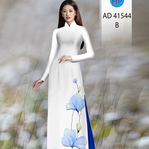 White Floral Vietnamese Traditional Ao Dai With Blue Pants | Long Dress Vietnam | Vietnamese Dress | Ao Dai For Women | Lunar New Year