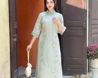 Moss Green Ao Dai Dress -  Floral Embroidery, Modern Vietnamese Gown - Bridesmaids Ao Dai