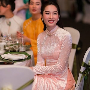 Plush Pink Velvet Ao Dai Viet Nam | Pre-made Vietnamese Traditional Ao Dai | Ao Dai For Girls | Ao Dai Women | Áo Dài Nhung Đẹp With Pants