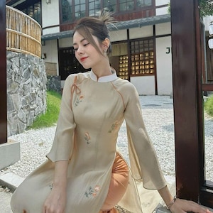 Mini Floral Beige Bow Ao Dai- NO PANTS | Vietnamese Modernized Ao Dai | Ao Dai Women | Ao Dai Girls | Ao Dai For Bridesmaids | Ao Dai Tet