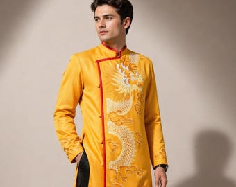 Ao Dai para hombre con bordado de dragón dorado – Traje para boda vietnamita y Tết