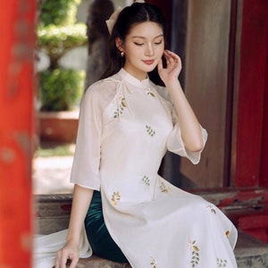 Leaf Embroidery With Tie Bow Ao Dai With Green Pants | Vietnamese Modernized Ao Dai | Ao Dai For Women | Ao Dai Vietnam | Ao Dai 6X
