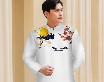 White Bird Modernized Ao Dai For Men| Men Dress | Ao Dai Nam| Vietnamese Ao Dai Men| Ao Dai For Tet | Ao Dai Wedding | No Pants (A6)