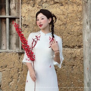 White Mini Bow Modernized Ao Dai - Only Ao Dai | Pre-made Vietnamese Ao Dai | Ao Dai For Women | Ao Dai Dress | Ao Dai Phu Dau