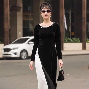 Black Velvet With Crystal Ao Dai- Round Neck | Vietnamese Traditional Ao Dai | Ao Dai For Women | Ao Dai For Girls | Vietnamese Ao Dai