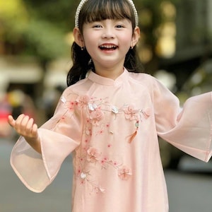 Matching Vietnamese Ao Dai For Mom Daughter | Pink Vietnamese Dress | Áo Dài Cách Tân Bé Gái | Ao Dai For Tet | Ao Dai 3D Blossom Floral