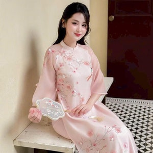 Elegant Pink Ao Dai with Cherry Blossom Embroidery | Pre-made Modernized Vietnamese Dress for Women | Tet, Wedding, Engagement Ao Dai