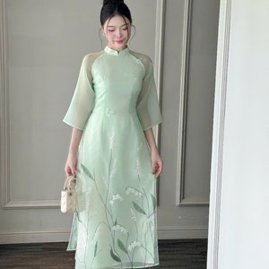 Light Green Ao Dai Dress: Lily of the Valley Floral - Modern Vietnamese Style
